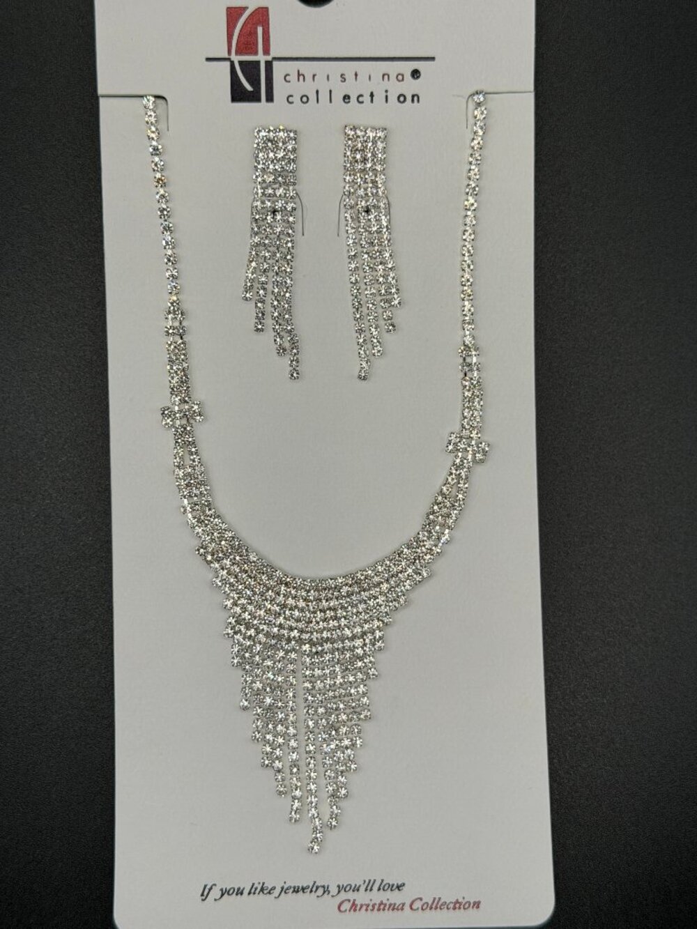Christina Collection Silver Tone Rhinestone Fringe Statement Necklace & Earrings